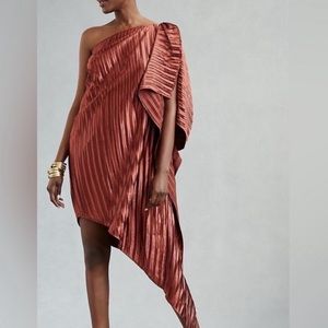 Anthropologie GUAPA One Shoulder Mini Dress Metallic Elegant Formal Pleated 12